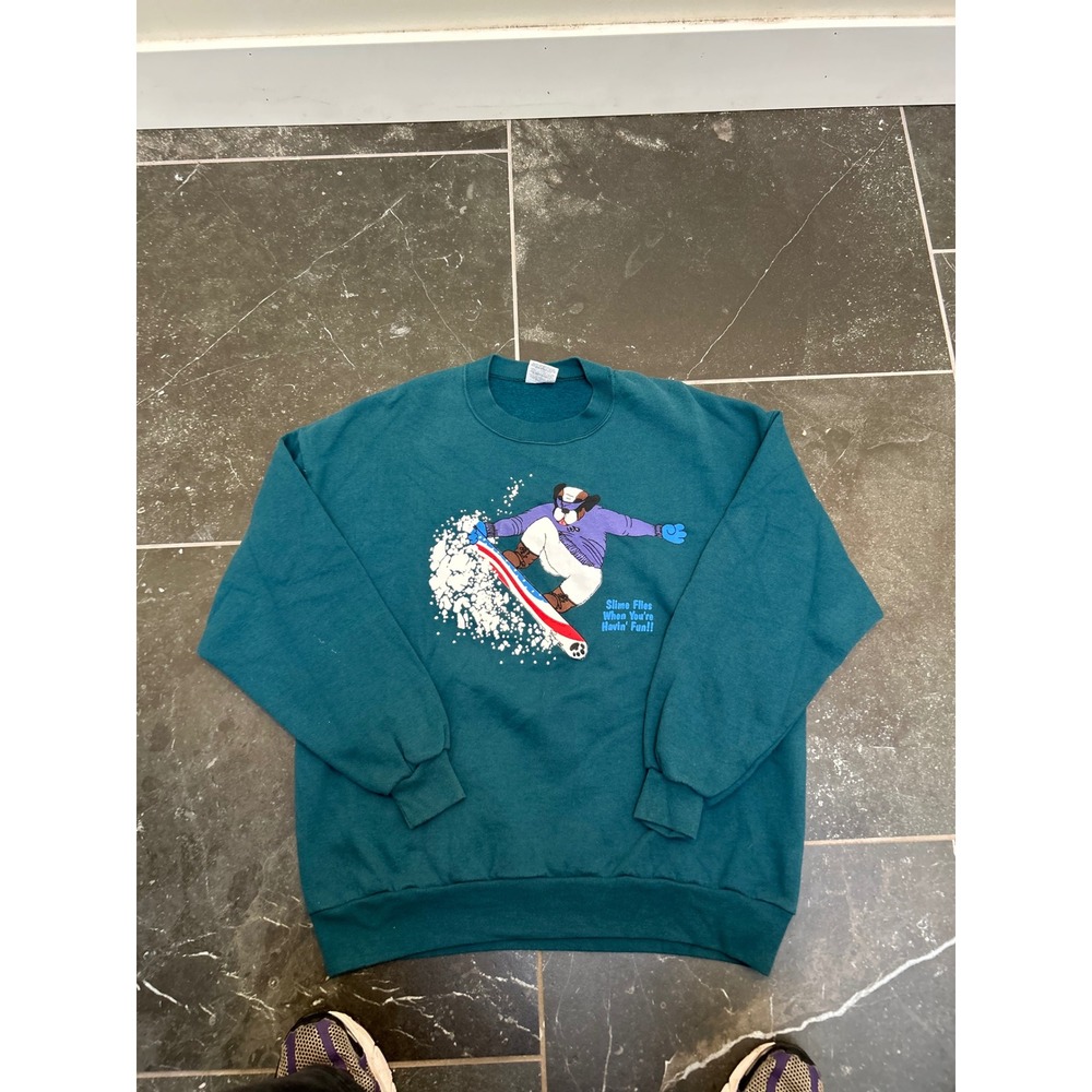 Vintage Jerzees Snowboarding Bear Sweatshirt Mens 2XL Teal Green Made in USA